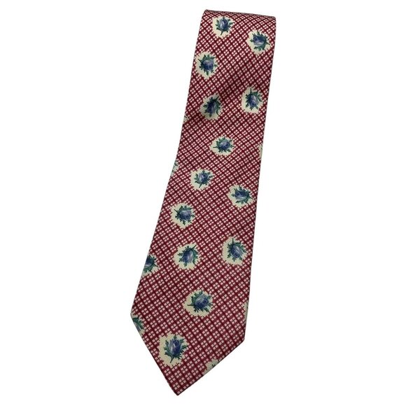 FAÇONNABLE Men's 100% Silk Necktie LUXURY Tie Red White Tartan Floral W:3.7" EUC